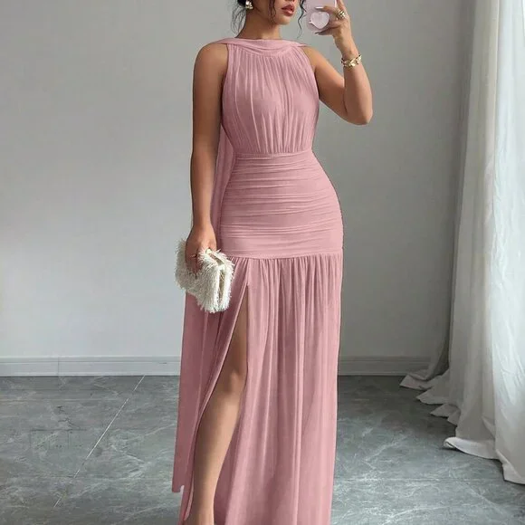 Pink Casual Women's Elegant Backless Pleated Slit Dress - Picture 1 of 6